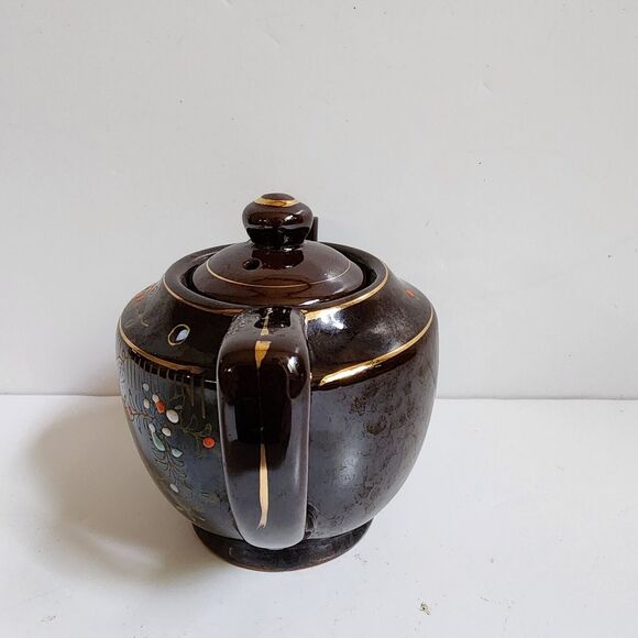 Moriage Redware Brown Betty Teapot w/Lid Hand Painted Gold Trim Japan Vintage - Picture 2 of 9